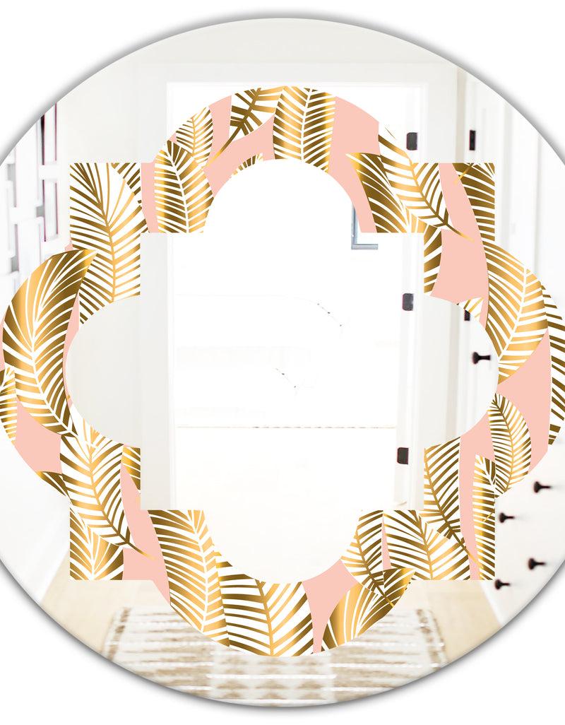 DesignQ Golden Palm Leaves I - Modern Round Or Oval Wall Mirror - Quatrefoil