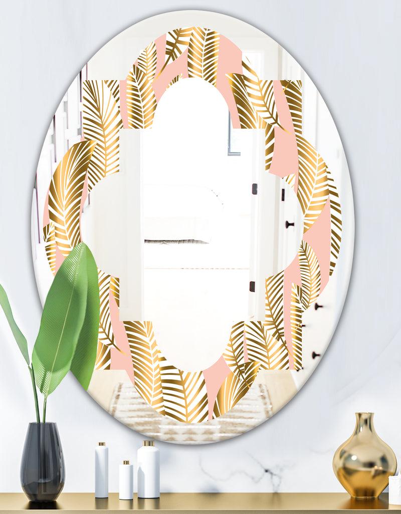 DesignQ Golden Palm Leaves I - Modern Round Or Oval Wall Mirror - Quatrefoil