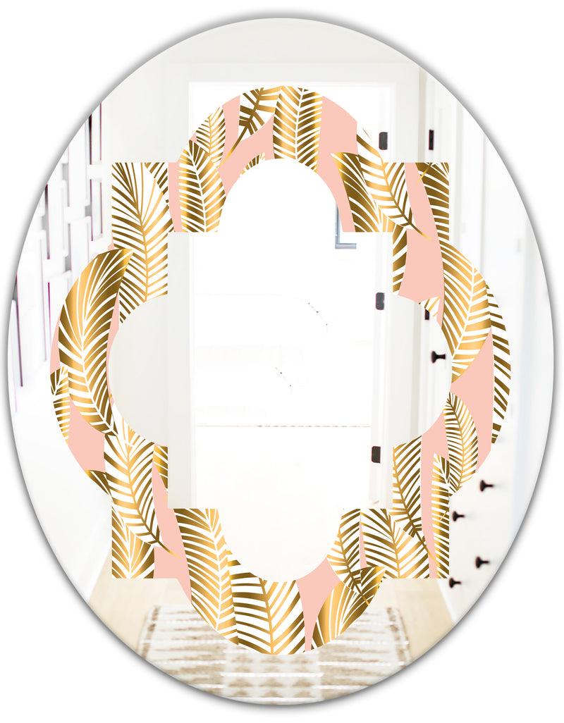 DesignQ Golden Palm Leaves I - Modern Round Or Oval Wall Mirror - Quatrefoil