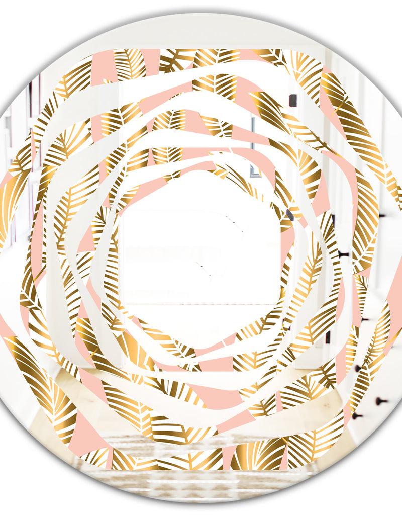 DesignQ Golden Palm Leaves I - Modern Round Or Oval Wall Mirror - Whirl