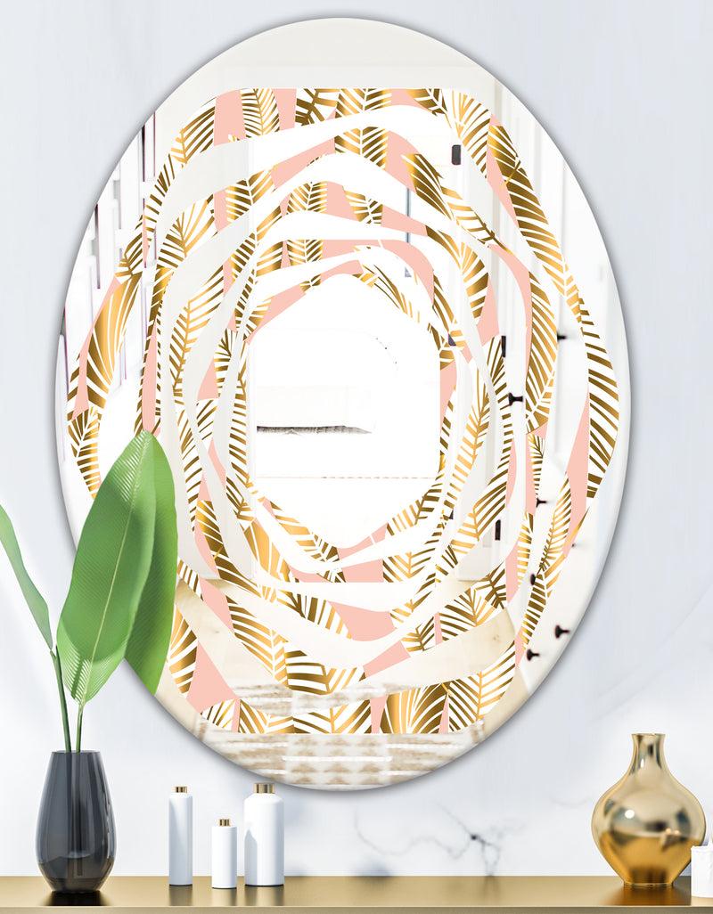DesignQ Golden Palm Leaves I - Modern Round Or Oval Wall Mirror - Whirl