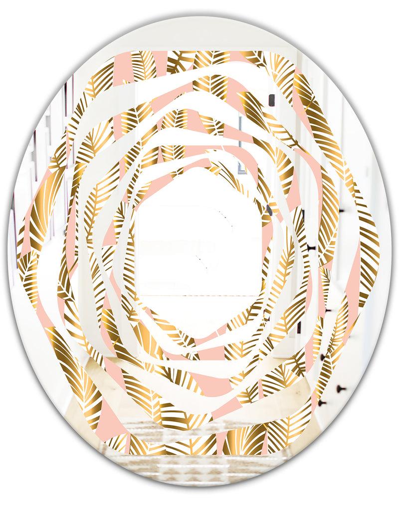 DesignQ Golden Palm Leaves I - Modern Round Or Oval Wall Mirror - Whirl