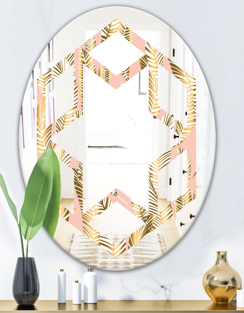 DesignQ Golden Palm Leaves I - Modern Round Or Oval Wall Mirror - Hexagon Star