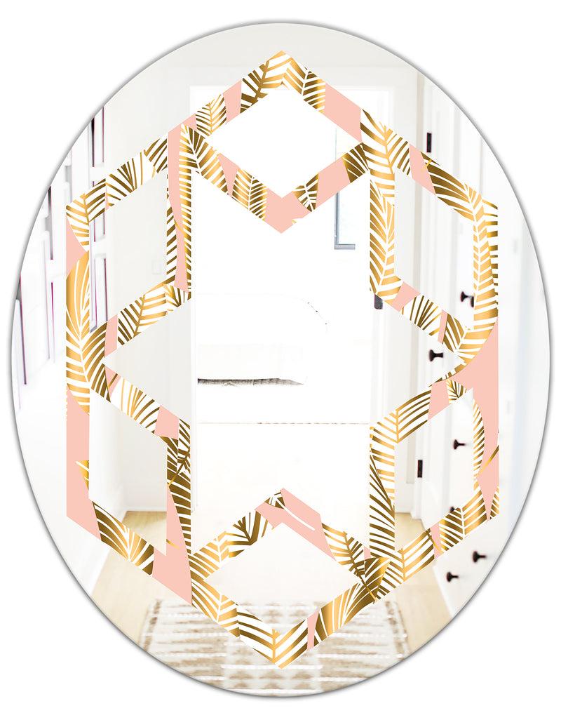 DesignQ Golden Palm Leaves I - Modern Round Or Oval Wall Mirror - Hexagon Star