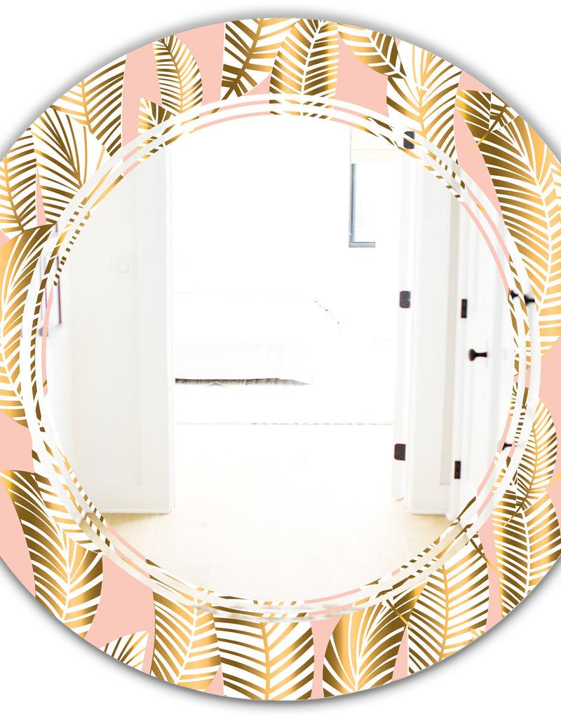 DesignQ Golden Palm Leaves I - Modern Round Or Oval Wall Mirror - Triple C