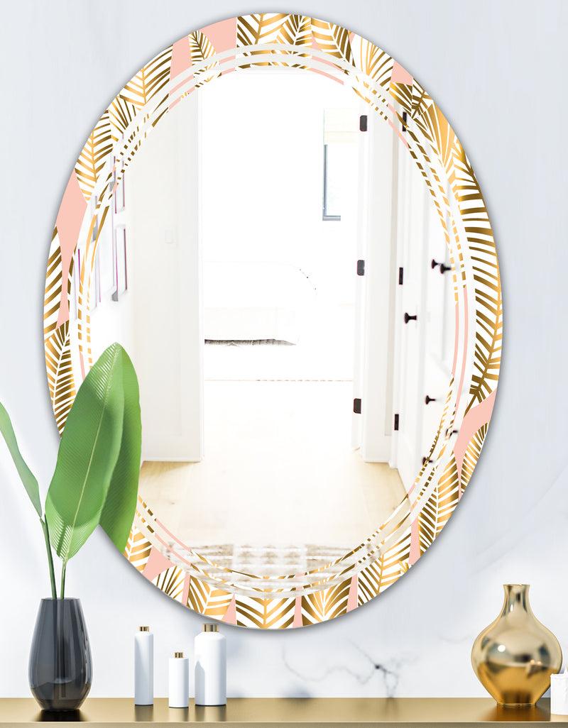 DesignQ Golden Palm Leaves I - Modern Round Or Oval Wall Mirror - Triple C