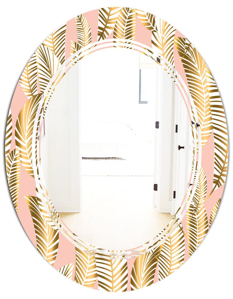 DesignQ Golden Palm Leaves I - Modern Round Or Oval Wall Mirror - Triple C