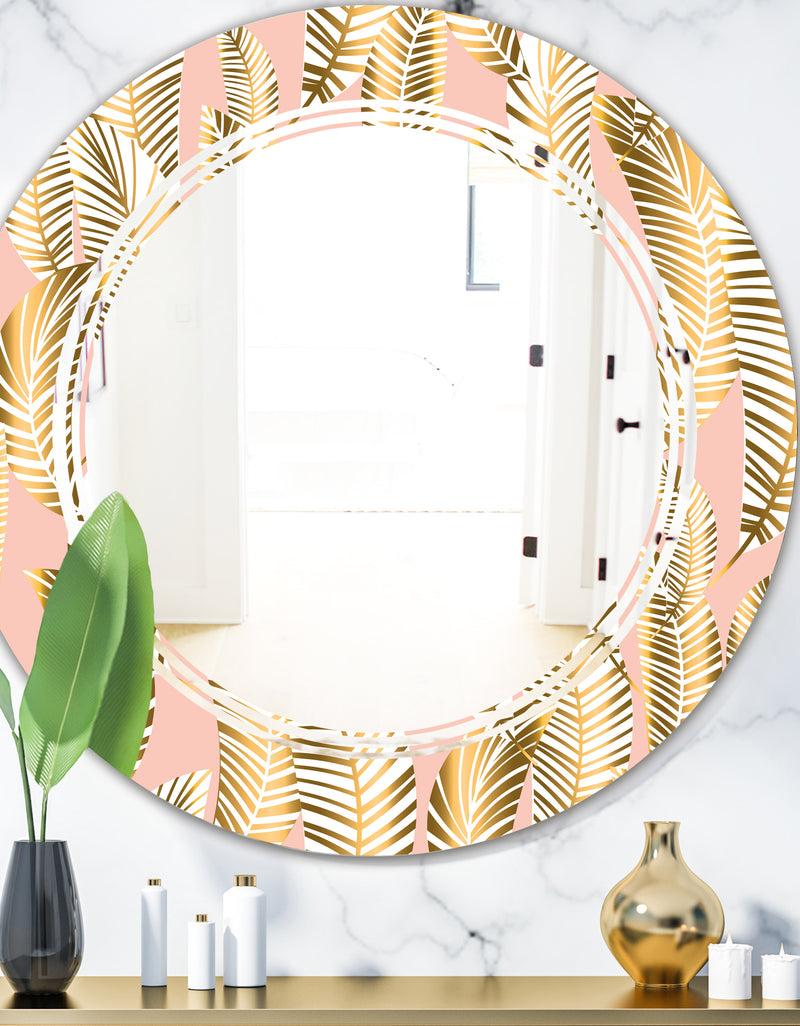 DesignQ Golden Palm Leaves I - Modern Round or Oval Wall Mirror - Triple C