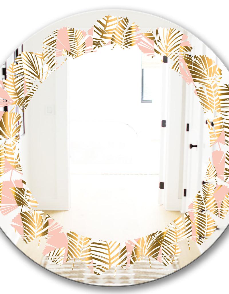 DesignQ Golden Palm Leaves I - Modern Round Or Oval Wall Mirror - Leaves