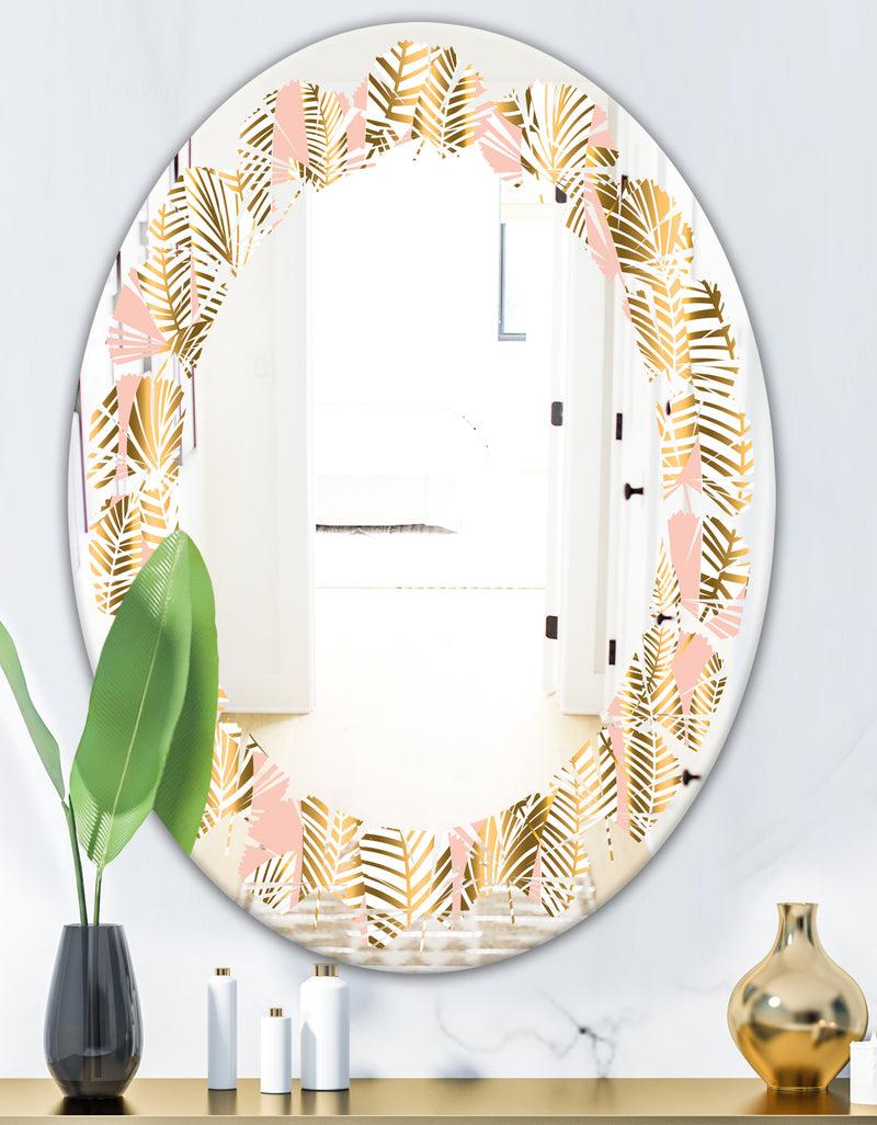 DesignQ Golden Palm Leaves I - Modern Round Or Oval Wall Mirror - Leaves