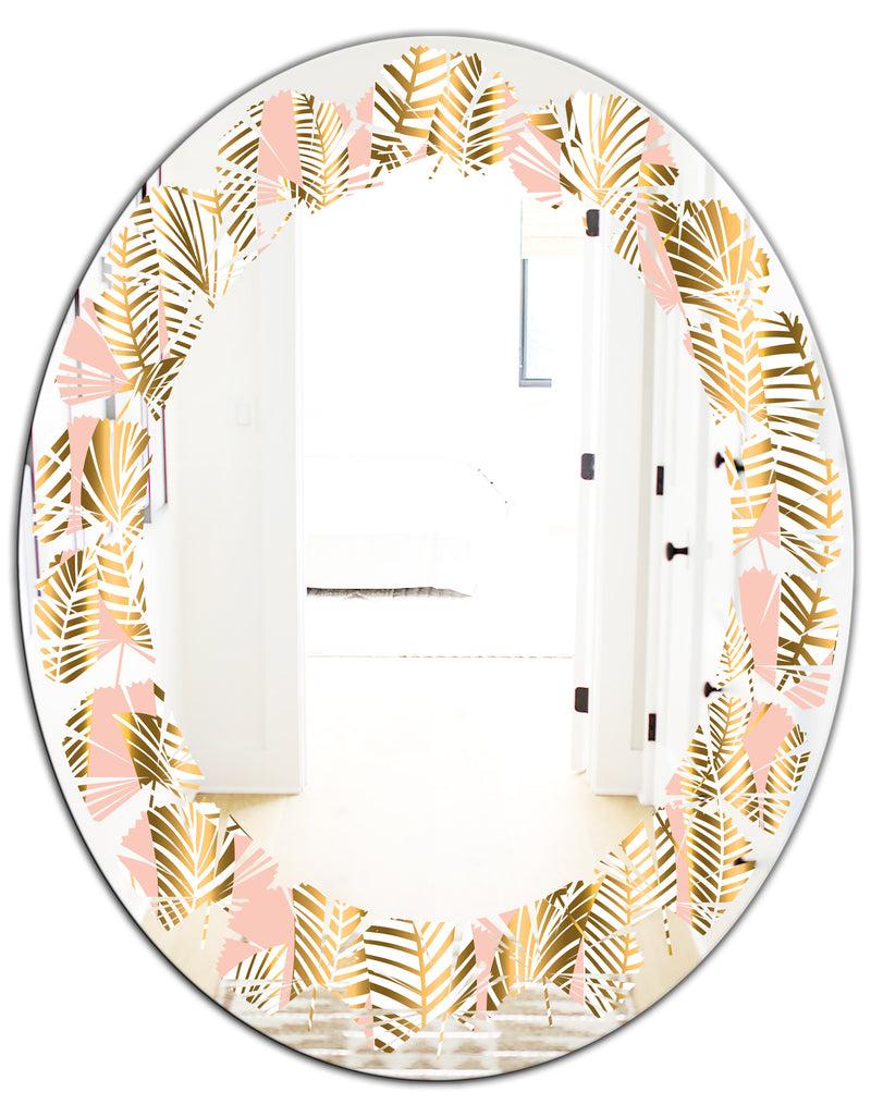 DesignQ Golden Palm Leaves I - Modern Round Or Oval Wall Mirror - Leaves