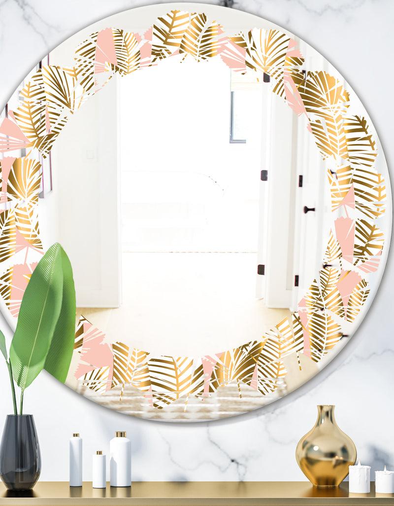 DesignQ Golden Palm Leaves I - Modern Round or Oval Wall Mirror - Leaves