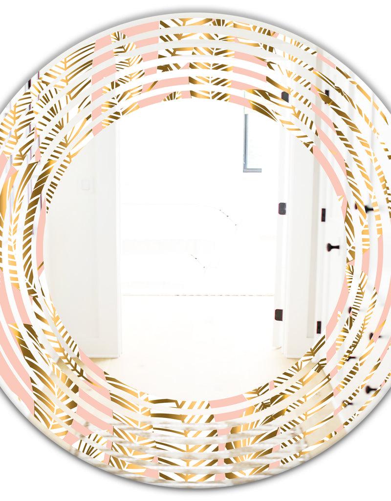 DesignQ Golden Palm Leaves I - Modern Round Or Oval Wall Mirror - Wave
