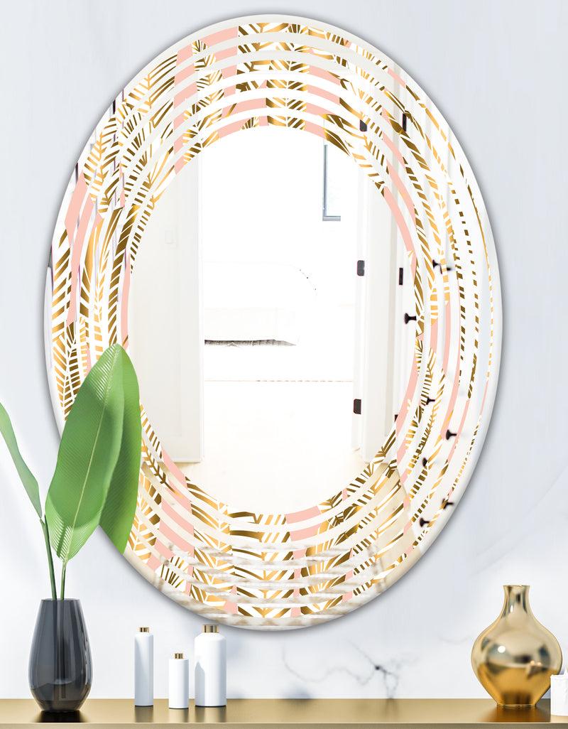 DesignQ Golden Palm Leaves I - Modern Round Or Oval Wall Mirror - Wave