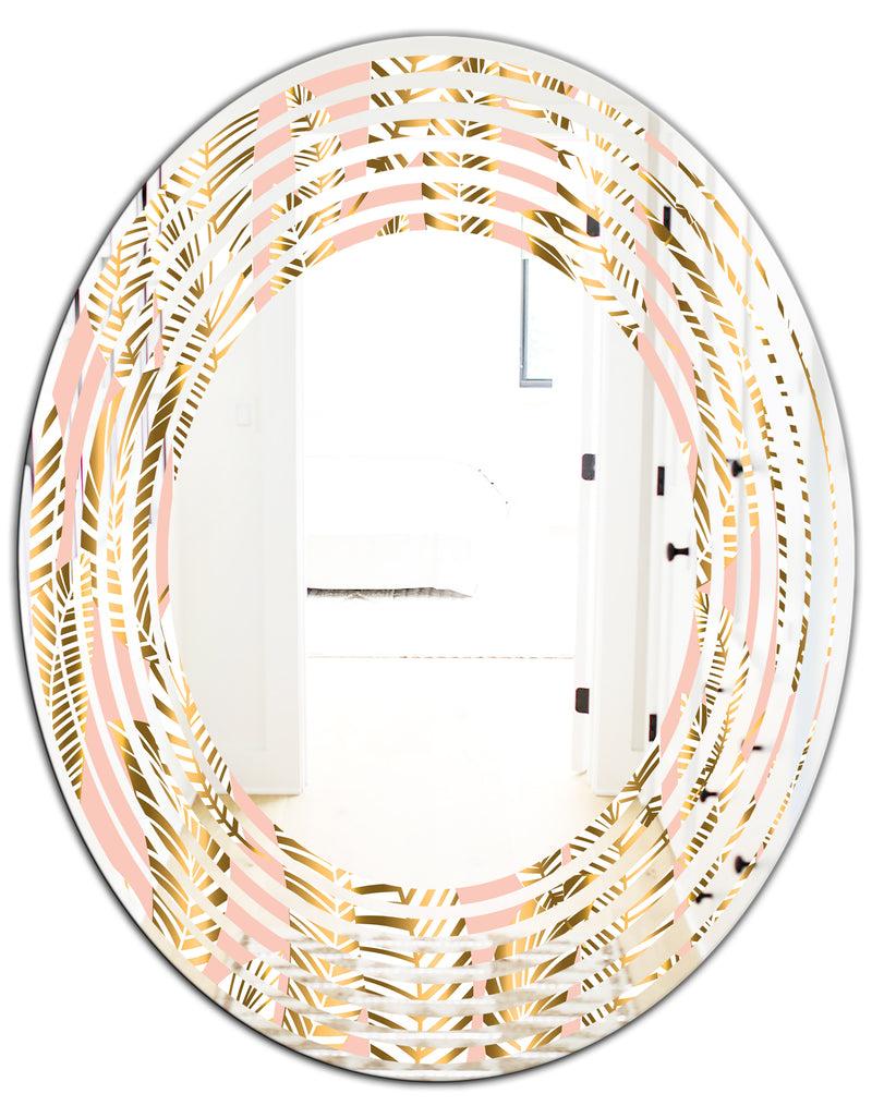 DesignQ Golden Palm Leaves I - Modern Round Or Oval Wall Mirror - Wave