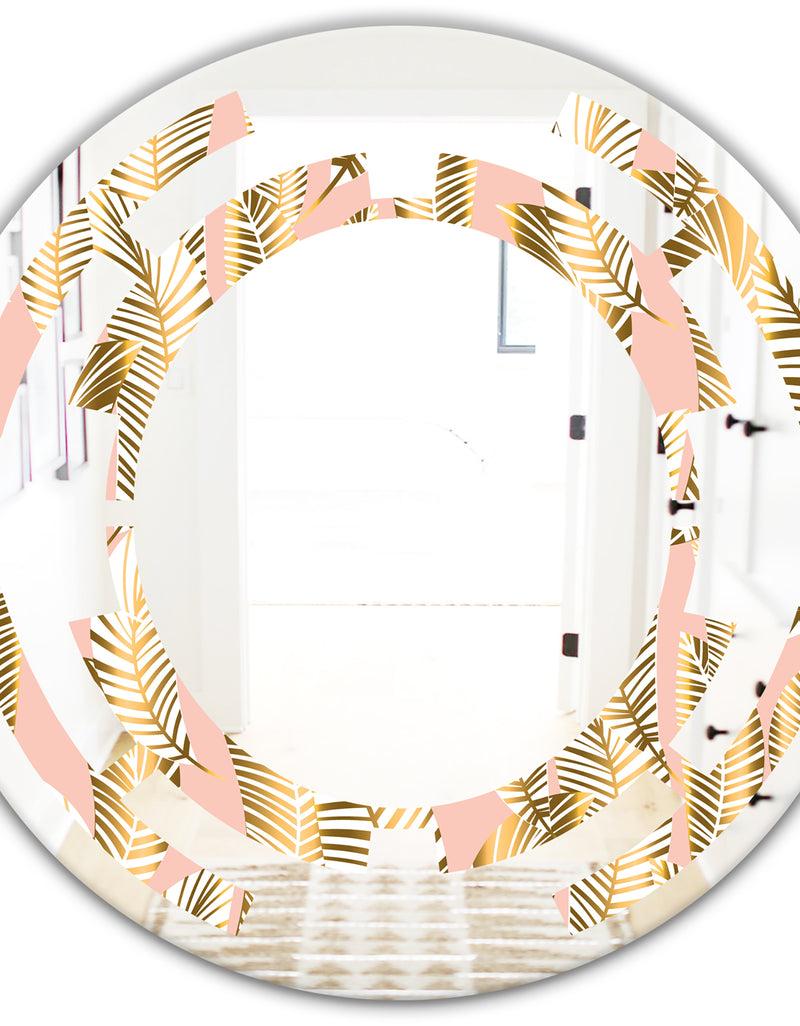 DesignQ Golden Palm Leaves I - Modern Round Or Oval Wall Mirror - Space