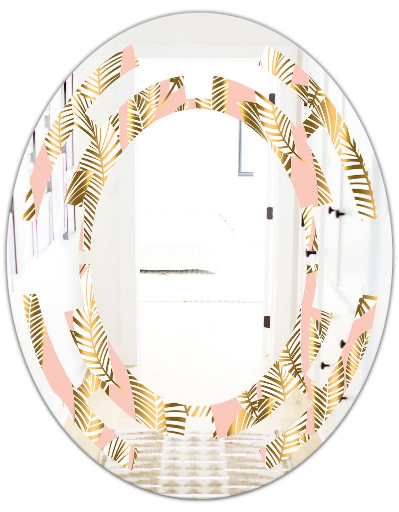 DesignQ Golden Palm Leaves I - Modern Round Or Oval Wall Mirror - Space