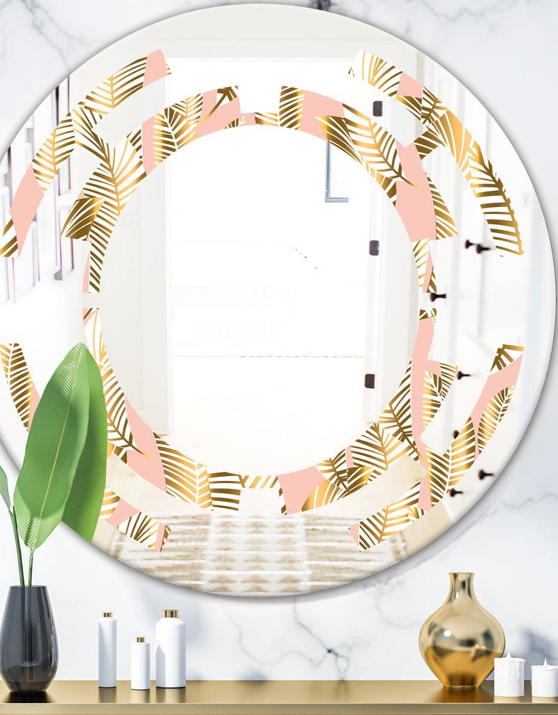 DesignQ Golden Palm Leaves I - Modern Round or Oval Wall Mirror - Space