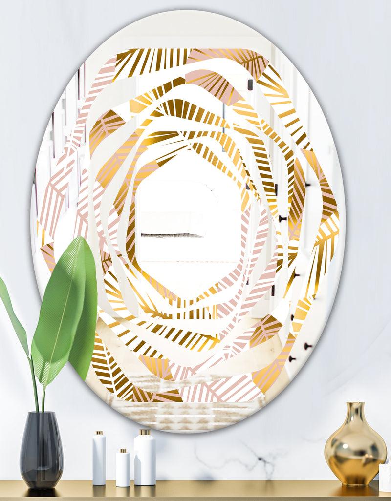 DesignQ Golden Palm Leaves II - Modern Round Or Oval Wall Mirror - Whirl