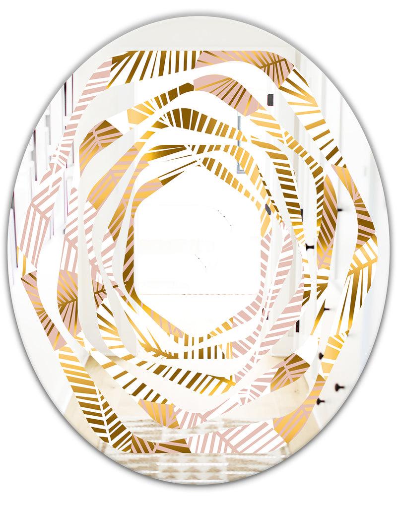 DesignQ Golden Palm Leaves II - Modern Round Or Oval Wall Mirror - Whirl