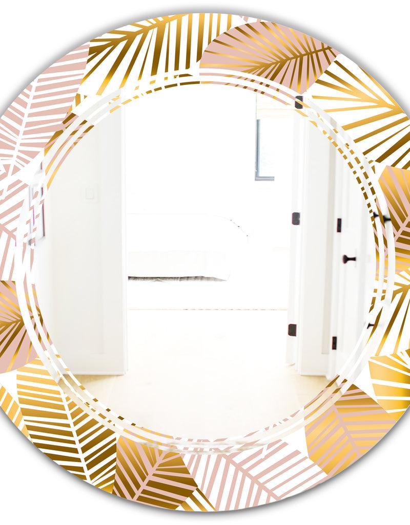 DesignQ Golden Palm Leaves II - Modern Round Or Oval Wall Mirror - Triple C