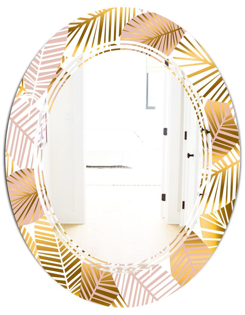 DesignQ Golden Palm Leaves II - Modern Round Or Oval Wall Mirror - Triple C