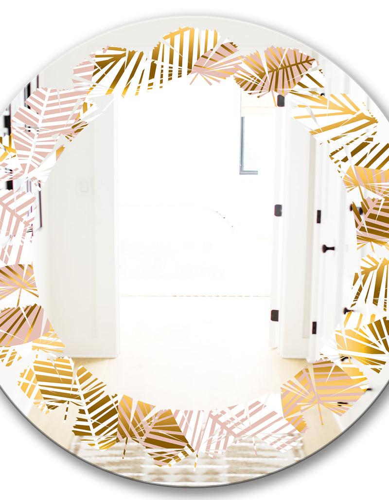 DesignQ Golden Palm Leaves II - Modern Round Or Oval Wall Mirror - Leaves