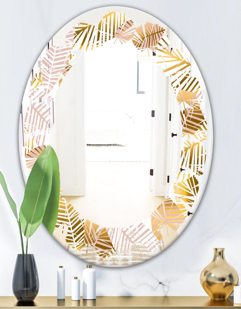 DesignQ Golden Palm Leaves II - Modern Round Or Oval Wall Mirror - Leaves