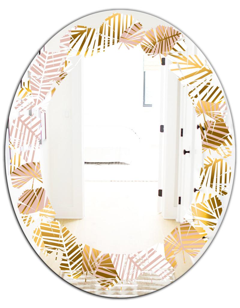 DesignQ Golden Palm Leaves II - Modern Round Or Oval Wall Mirror - Leaves