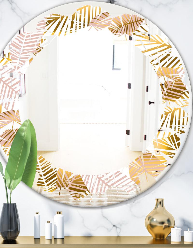 DesignQ Golden Palm Leaves II - Modern Round or Oval Wall Mirror - Leaves