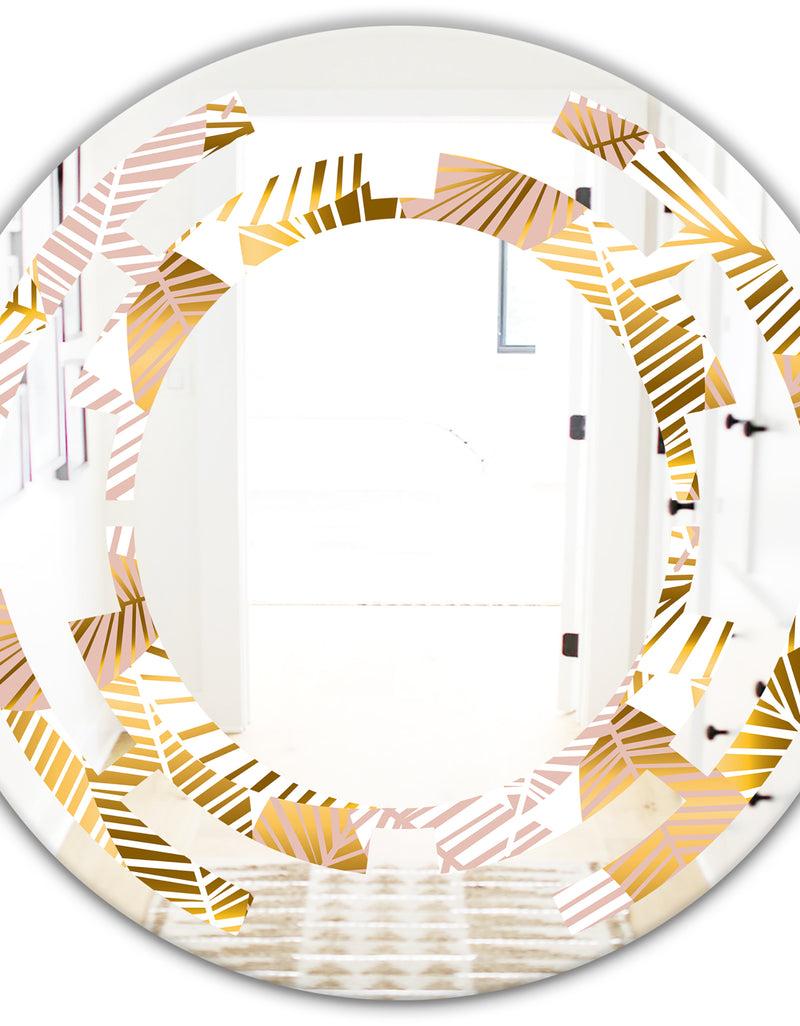 DesignQ Golden Palm Leaves II - Modern Round Or Oval Wall Mirror - Space