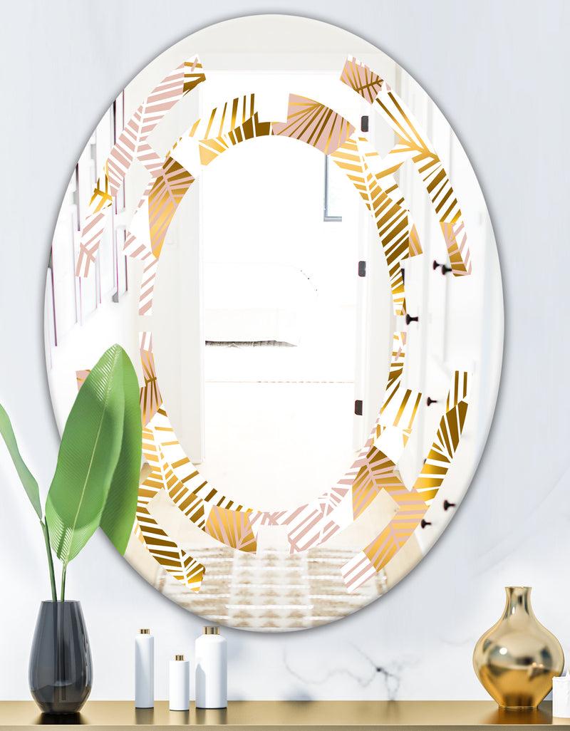 DesignQ Golden Palm Leaves II - Modern Round Or Oval Wall Mirror - Space