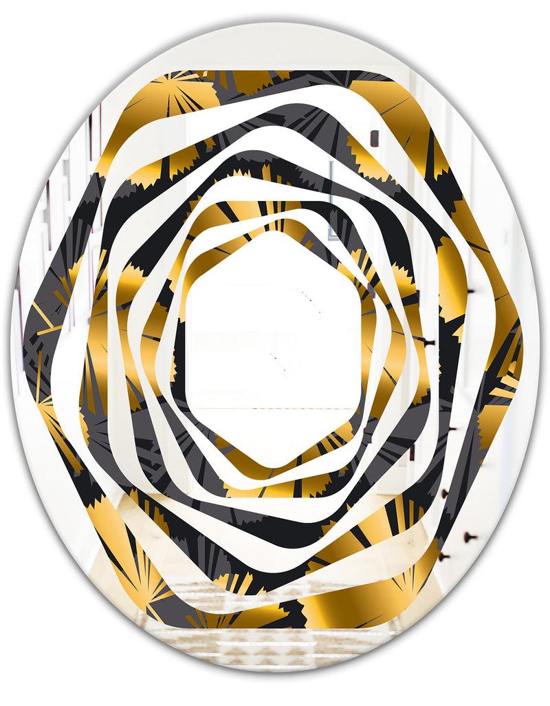 DesignQ Golden Palm Leaves III - Modern Round Or Oval Wall Mirror - Whirl
