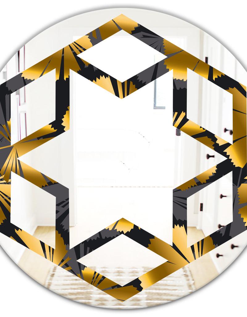 DesignQ Golden Palm Leaves III - Modern Round Or Oval Wall Mirror - Hexagon Star