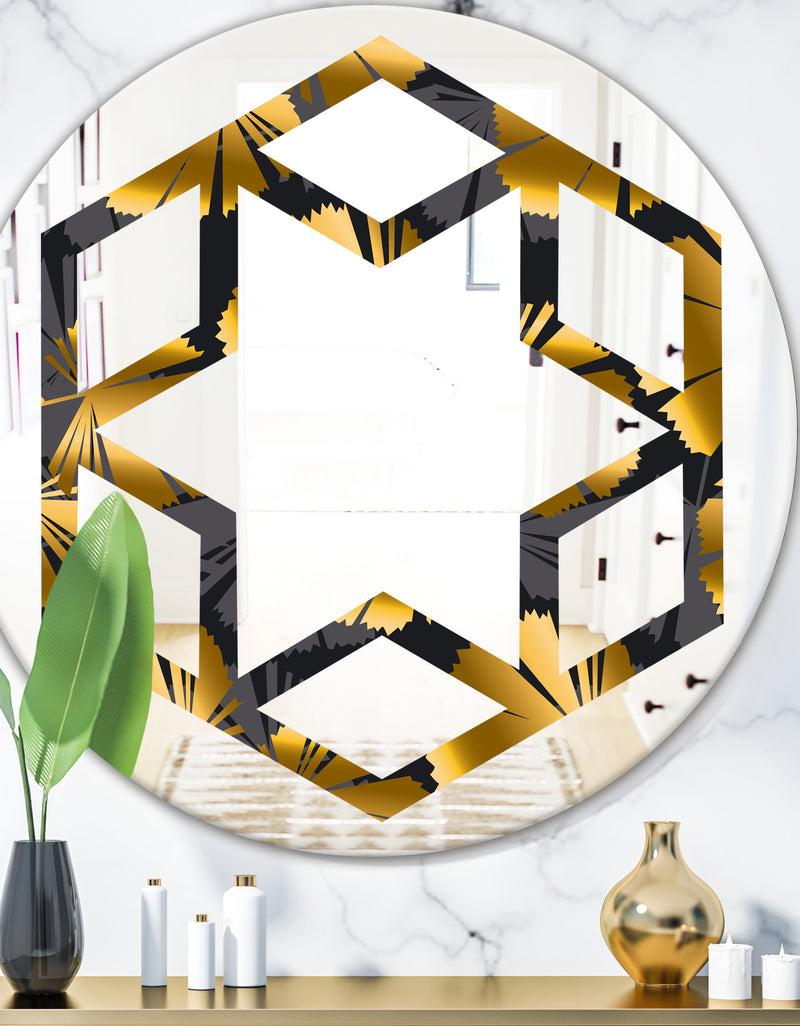DesignQ Golden Palm Leaves III - Modern Round or Oval Wall Mirror - Hexagon Star