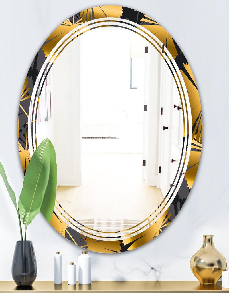 DesignQ Golden Palm Leaves III - Modern Round Or Oval Wall Mirror - Triple C