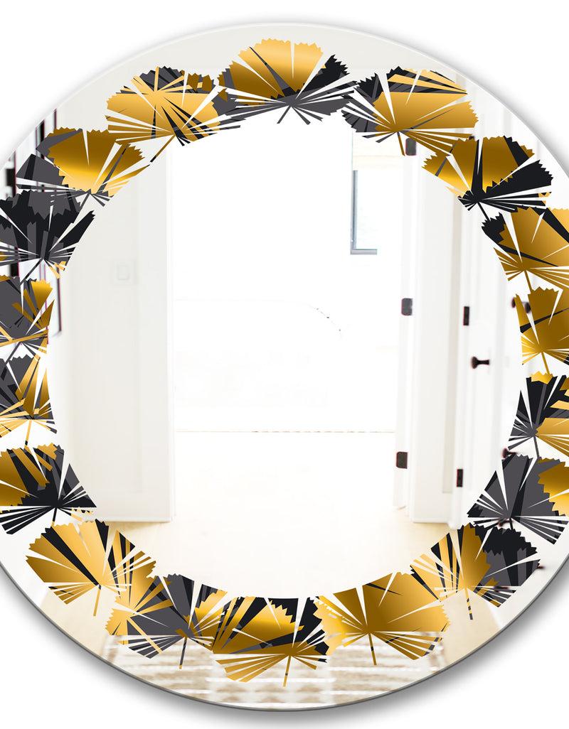 DesignQ Golden Palm Leaves III - Modern Round Or Oval Wall Mirror - Leaves
