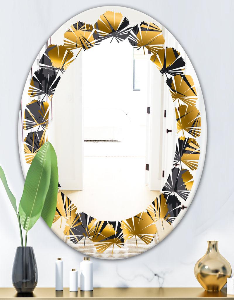 DesignQ Golden Palm Leaves III - Modern Round Or Oval Wall Mirror - Leaves