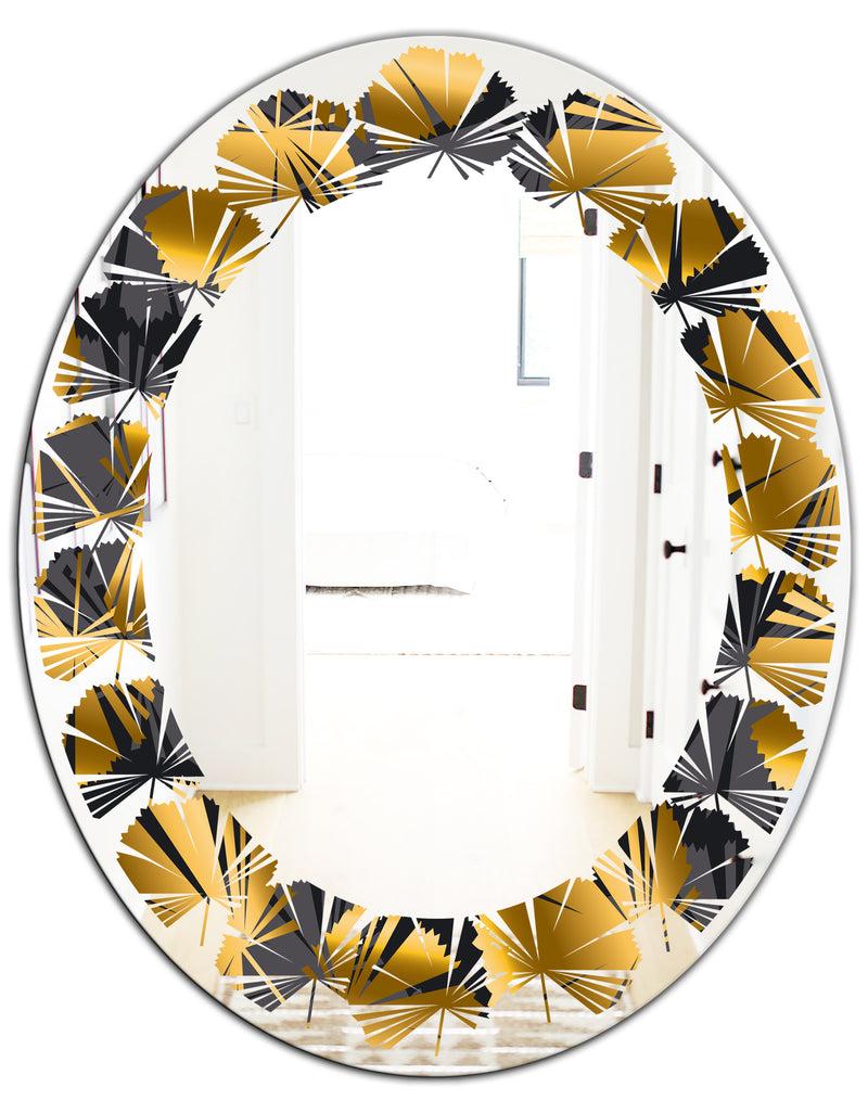 DesignQ Golden Palm Leaves III - Modern Round Or Oval Wall Mirror - Leaves