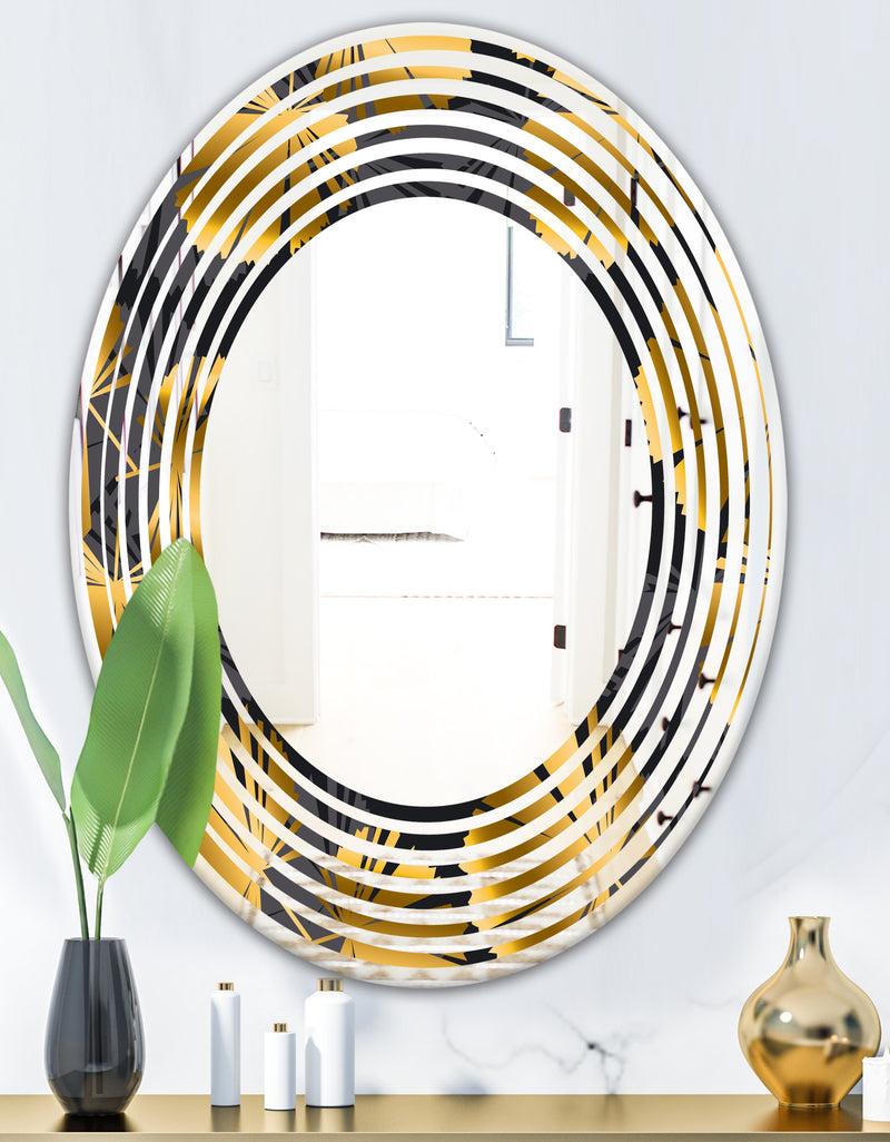 DesignQ Golden Palm Leaves III - Modern Round Or Oval Wall Mirror - Wave