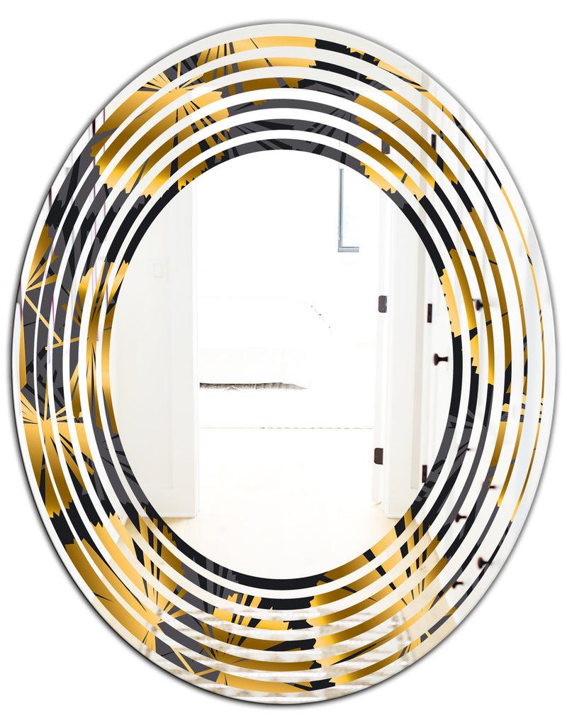 DesignQ Golden Palm Leaves III - Modern Round Or Oval Wall Mirror - Wave