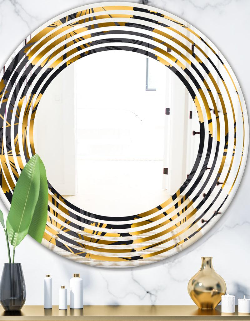 DesignQ Golden Palm Leaves III - Modern Round or Oval Wall Mirror - Wave