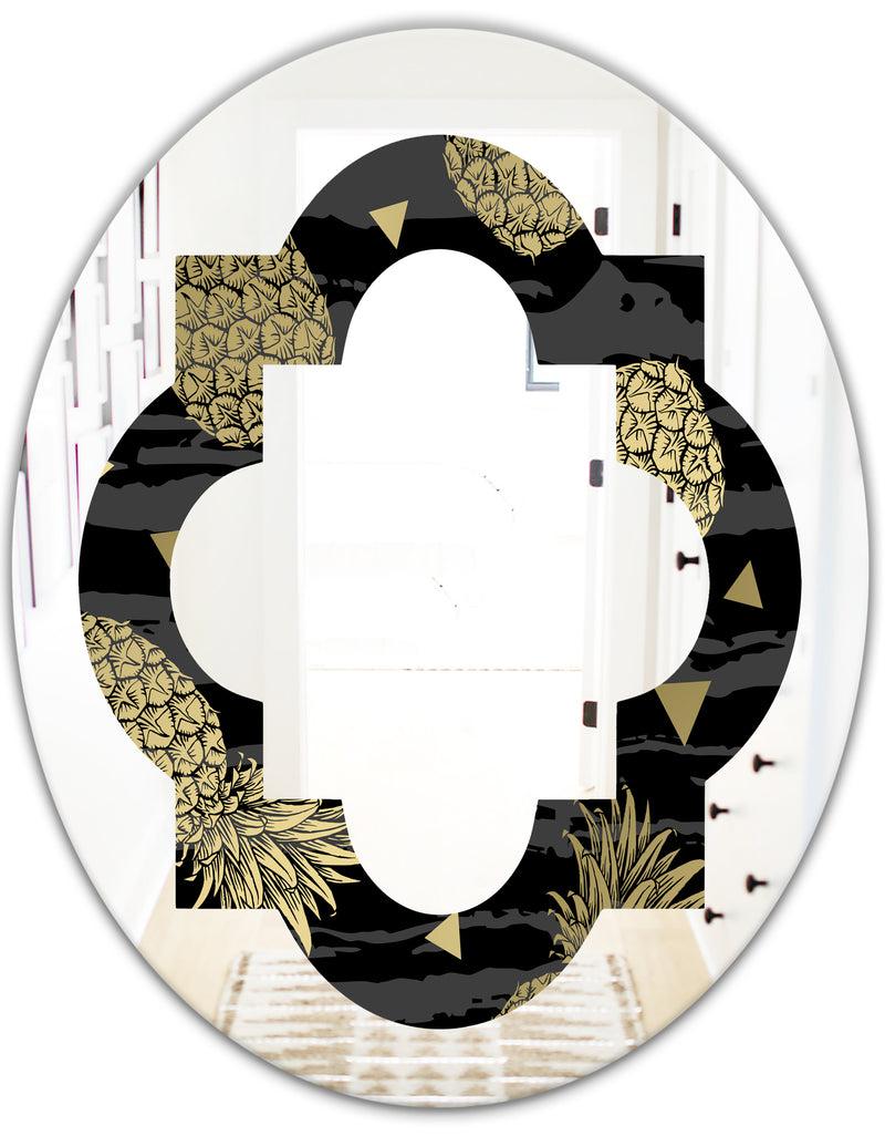 DesignQ Golden Pineapple On Black - Modern Round Or Oval Wall Mirror - Quatrefoil