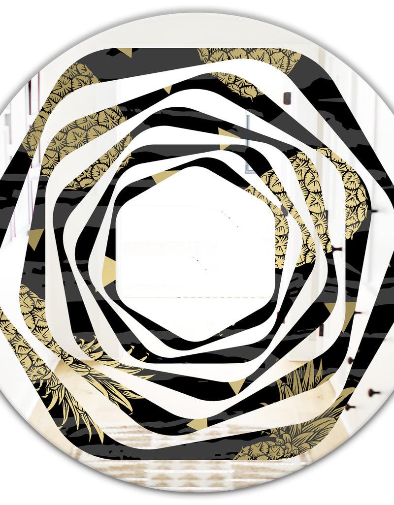 DesignQ Golden Pineapple On Black - Modern Round Or Oval Wall Mirror - Whirl
