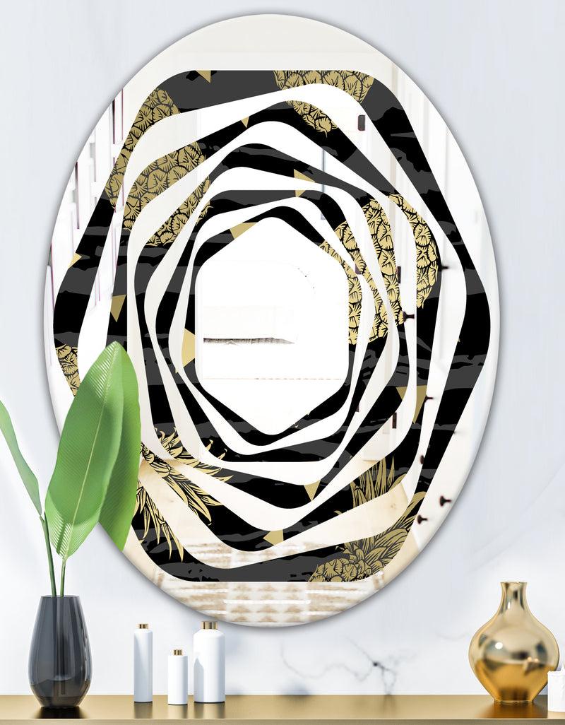 DesignQ Golden Pineapple On Black - Modern Round Or Oval Wall Mirror - Whirl