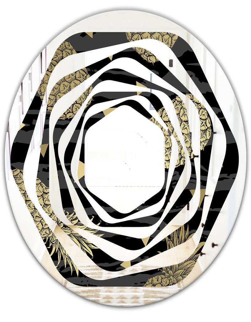 DesignQ Golden Pineapple On Black - Modern Round Or Oval Wall Mirror - Whirl