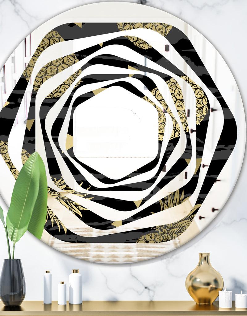 DesignQ Golden Pineapple On Black - Modern Round or Oval Wall Mirror - Whirl