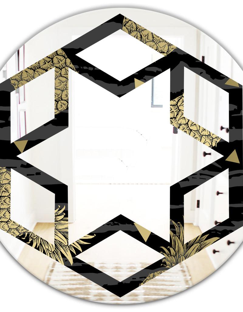 DesignQ Golden Pineapple On Black - Modern Round Or Oval Wall Mirror - Hexagon Star
