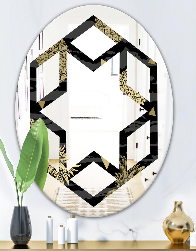 DesignQ Golden Pineapple On Black - Modern Round Or Oval Wall Mirror - Hexagon Star