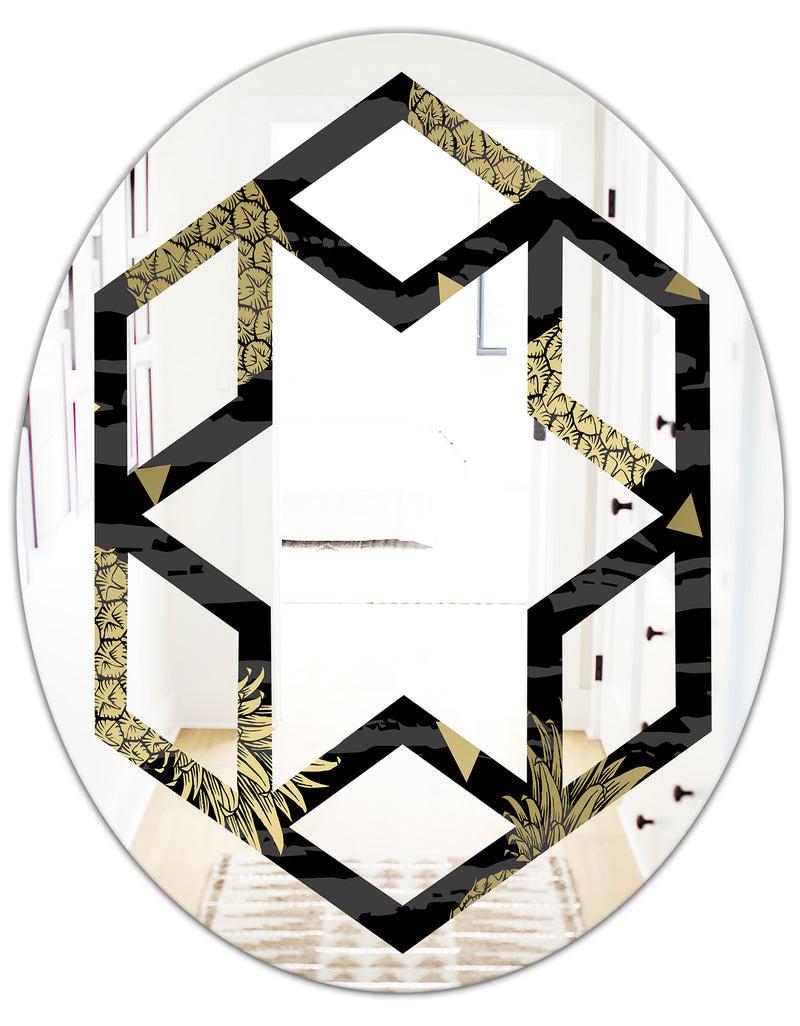 DesignQ Golden Pineapple On Black - Modern Round Or Oval Wall Mirror - Hexagon Star